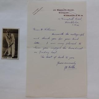 Letter in hand of 'The Master' Sir Jack Hobbs -cricket legend